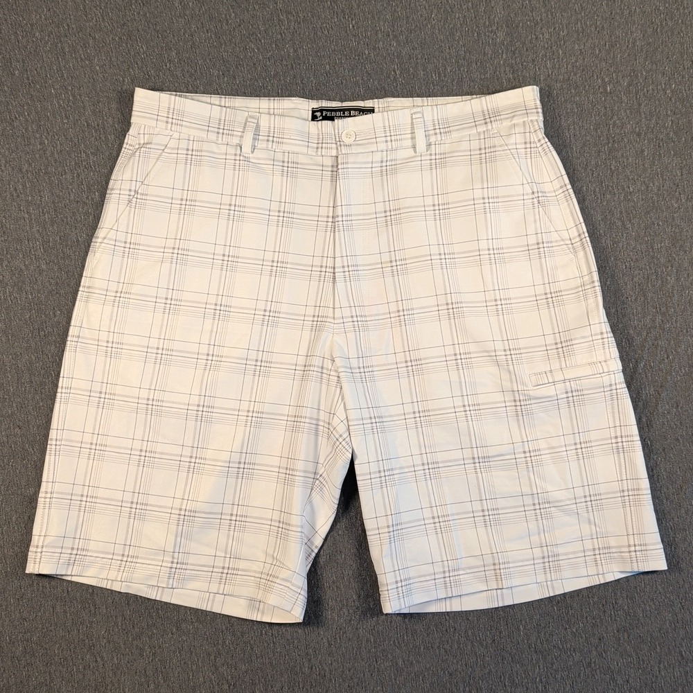 Pebble Beach Performance Men's White Gray Plaid Golf Shorts Size 36 - 10" inseam